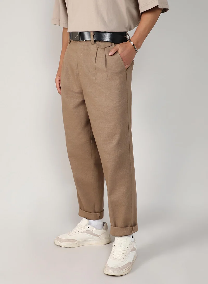 CAHOOT  Men's Camel Brown Tailored Linen-Blend Trousers For Casual Wear | 4 Pockets | Mid- Rise | Button Closure | Trousers Crafted With Comfort Fit For Everyday Wear for Men | Best Price UAE